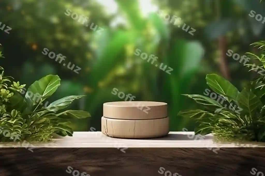 Yog'ochli mahsulot namoyish podiumi kosmetik mahsulot yashil tabiat bog'i orqa fondasi 3d rendering | Wooden product display podium cosmetic product with green nature garden background 3d rendering