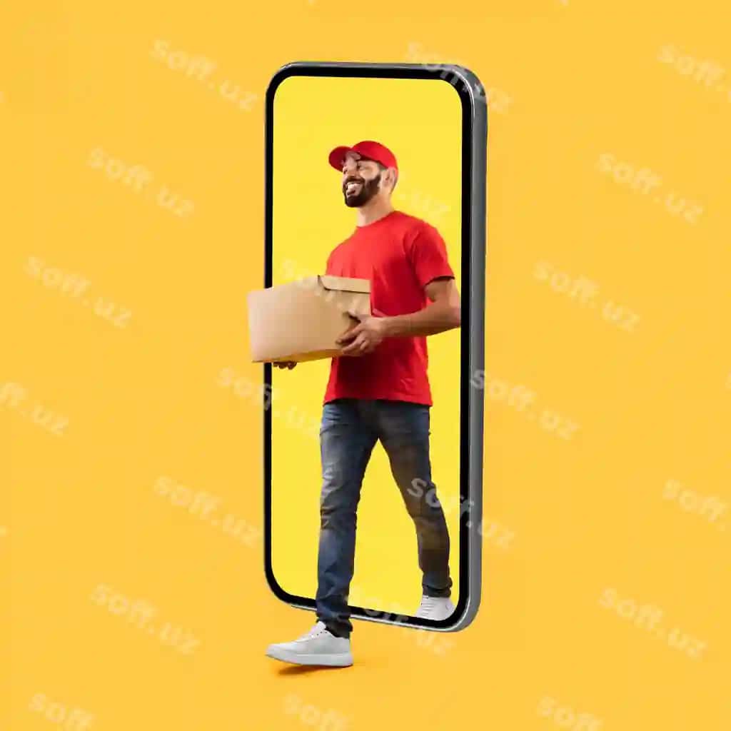 Arab kuryer katta telefon ekrani quticha o'tkazib beruvchi studiyaga kelmoqda | Arab courier coming big phone screen carrying box studio