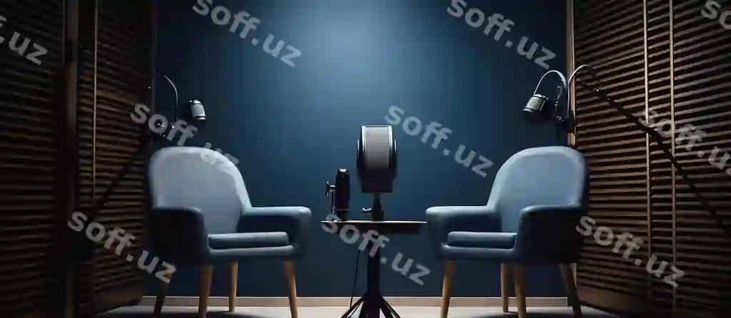 Içki podkast studiyasi ikki stul mikrofonlar bilan qorong'iq sobbob tonlar | Interior podcast studio two chairs with microphones dark muted tones
