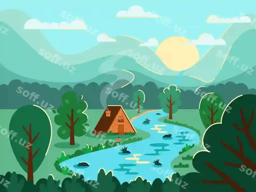 Manzilma quyosh to'g'ilari uy daryo daraxtlar o'rmon baliqchi | Landscape with sun mountains house river trees forest fisherman