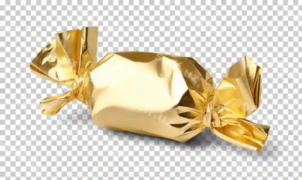 Oltin shirinlik obodasi ajraltirilgan shaffof fonda png psd | Golden candy wrapper isolated transparent background png psd