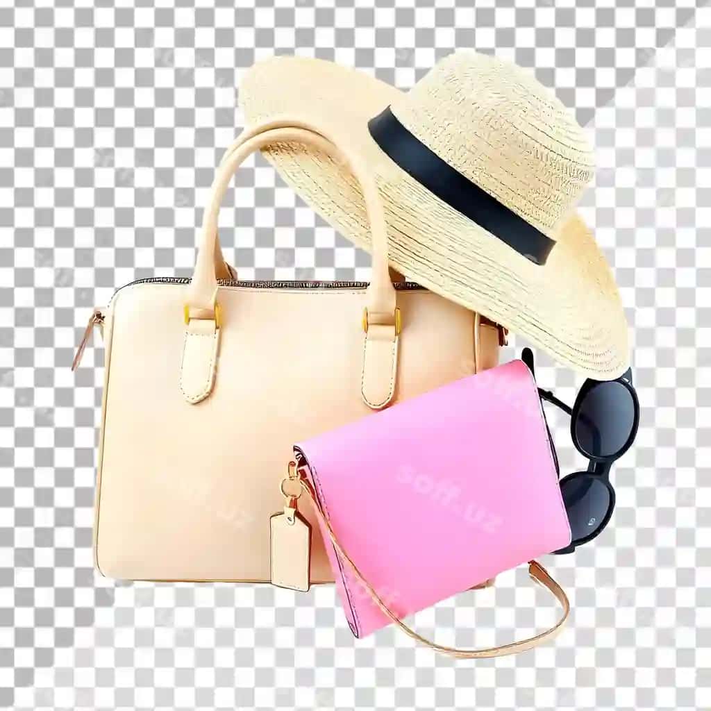 Stilli soch sumkasi aksesuarlar bilan ajraltirilgan shaffof fonda | Chic beach bag with accessories isolated transparent background