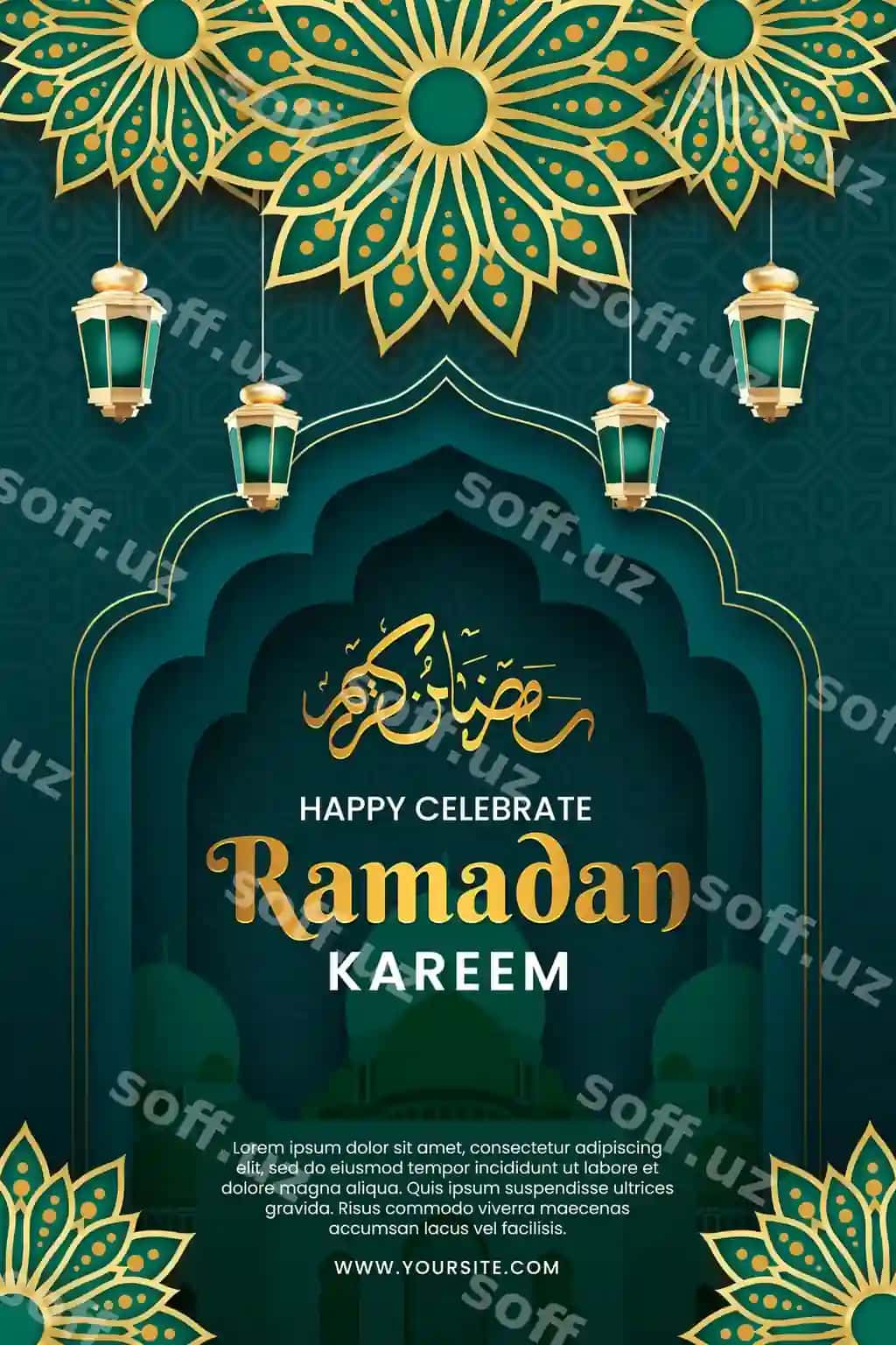 Paster Ramazon, yashil fon bilan, so'zlar: baxrom, Ramazon tabriklash | Poster ramadan with green background words happy celebrate ramadan