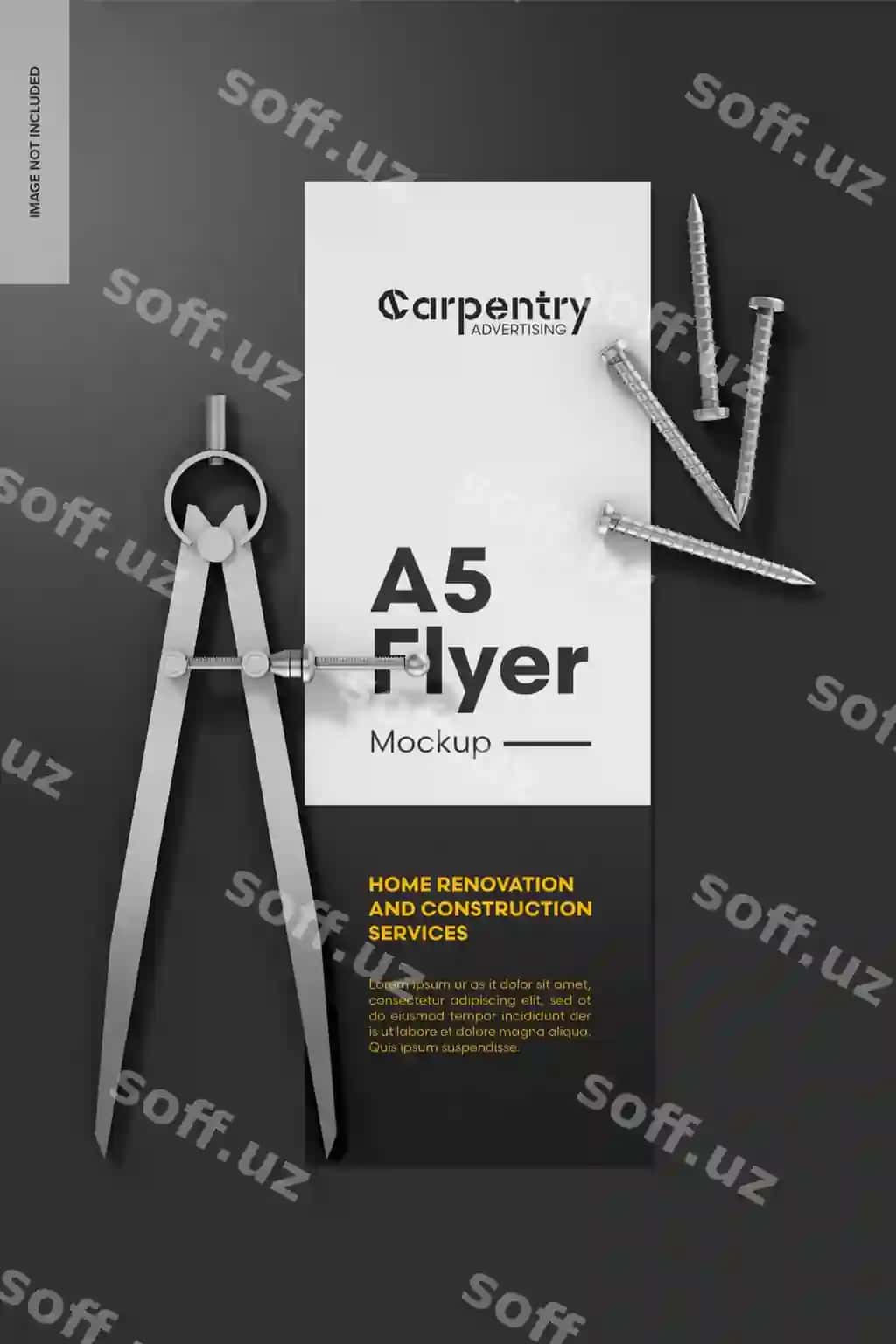 Me'morchilik A5 flyer namunasi yuqori ko'rinish | Carpentry a5 flyer mockup top view