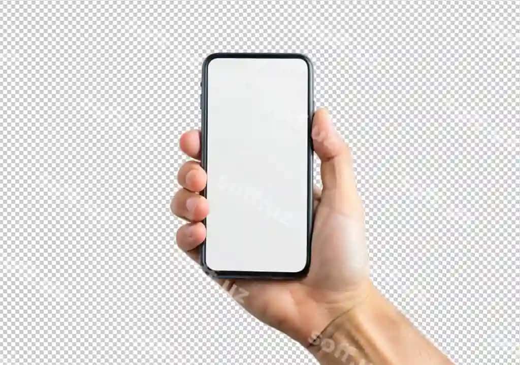 Qo'l usida bo'sh telefon ekrani old tomondan ko'rinish ajraltirilgan shaffof | Hand holding blank phone screen front view isolated transparent