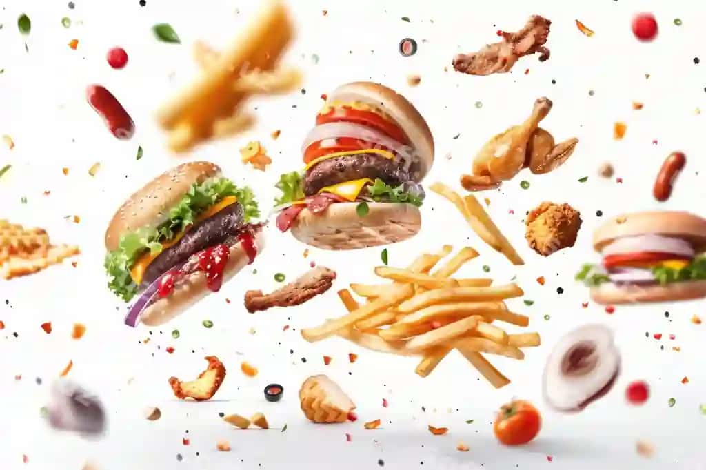 Parvoz tekzkor ovqatlar ajraltirilgan oq ijodkor anqarli dizayn | Flying fast food dishes isolated white creative abstract design