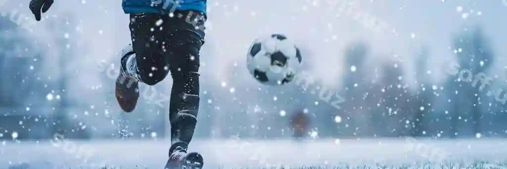 Yosh futbol o'yinchi to'pni to'xtatadi qorli maydon qish sportlari qo'shmat havo ochiq ko'ngilochar | Young soccer player kicking ball snowy field winter sports adventure outdoor fun