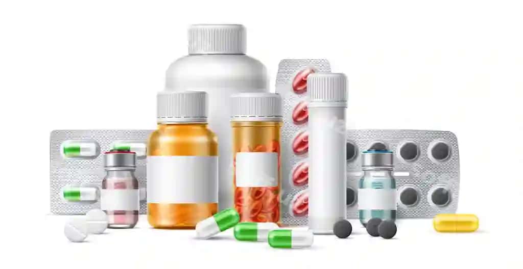 Haqiqiy dori vositalari tabletka foliya blisterlari, plastik shisha va ampulla | Realistic medications pill foil blisters plastic bottles ampule