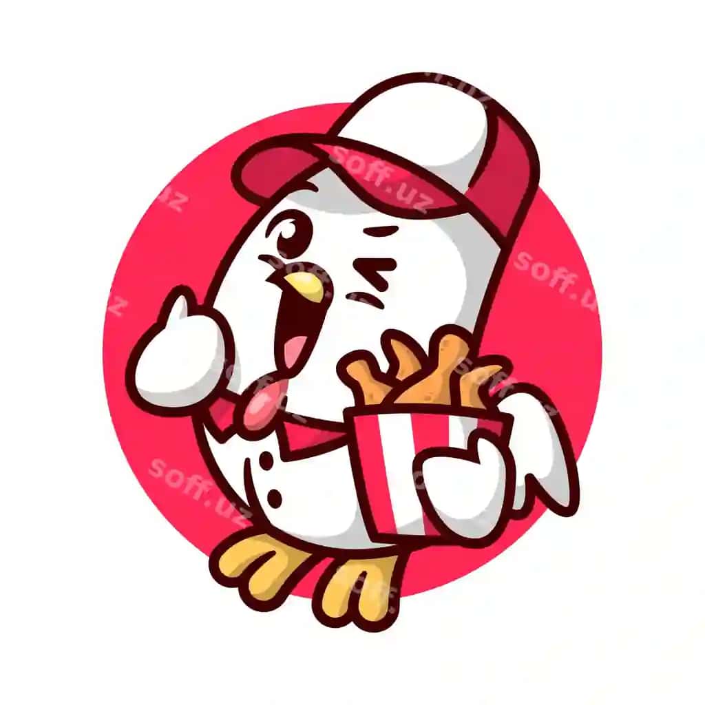 Forma kiygan yoqimli tovuq chelakda qovurilgan tovuqni yuqoriga olib kelmoqda | Cute chicken with uniform is bringing bucket fried chicken high