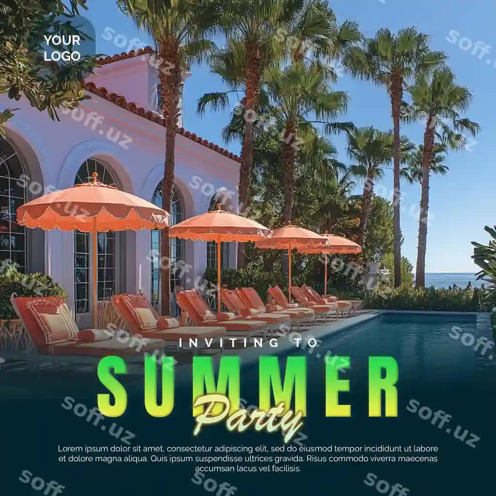 Noyob yozgi to'yg'u flyeri moslashuvchan matn elementlari bilan | Unique summer party celebration flyer with customizable text elements