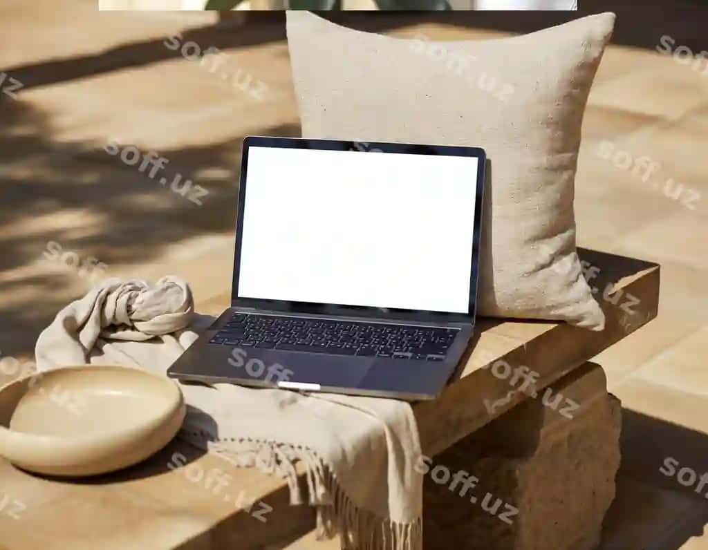 Laptop mockup mebeli pillo bilan qoshiqcha konteyner | Laptop mockup bench with pillow bowl
