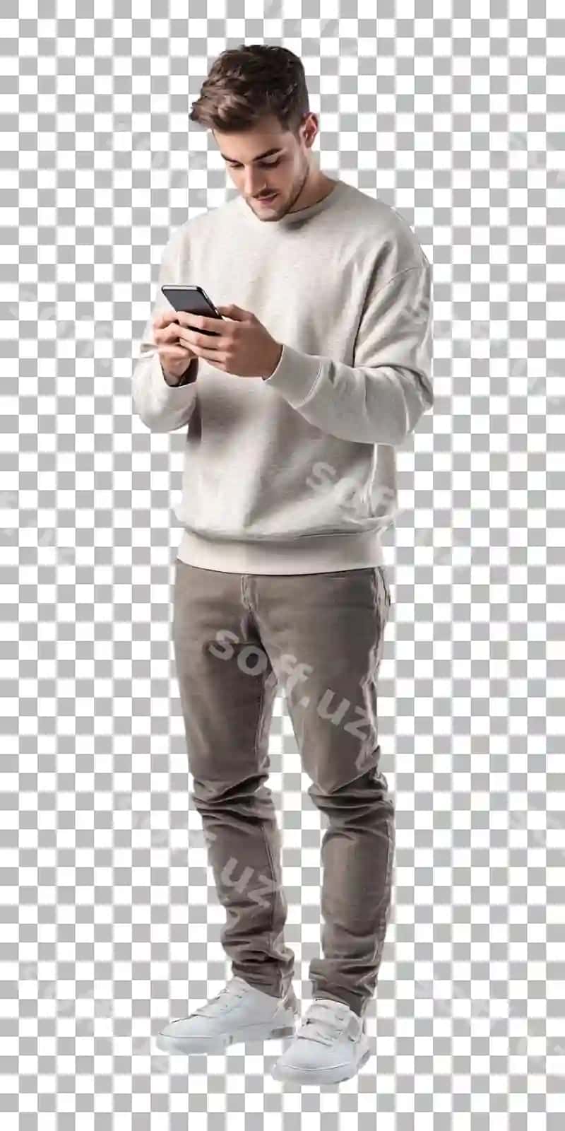 Men oq sovg'a kiyaman va mobil telefon ishlataman. | Man white sweater using mobile phone