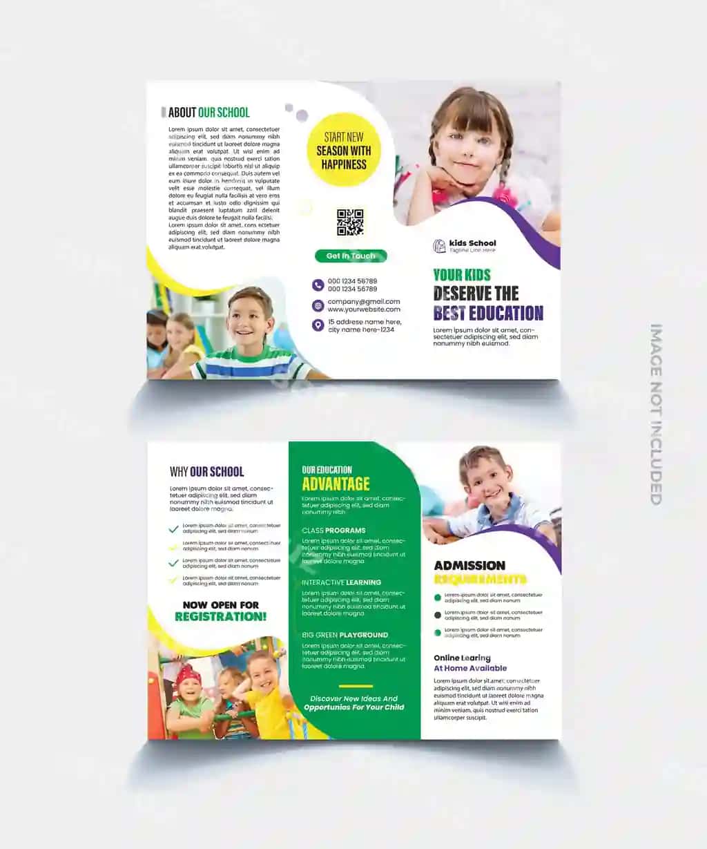 Bolalar maktabga kirish uchun uchga aylantirilgan broshyur shabloni | Kids school admission trifold brochure template