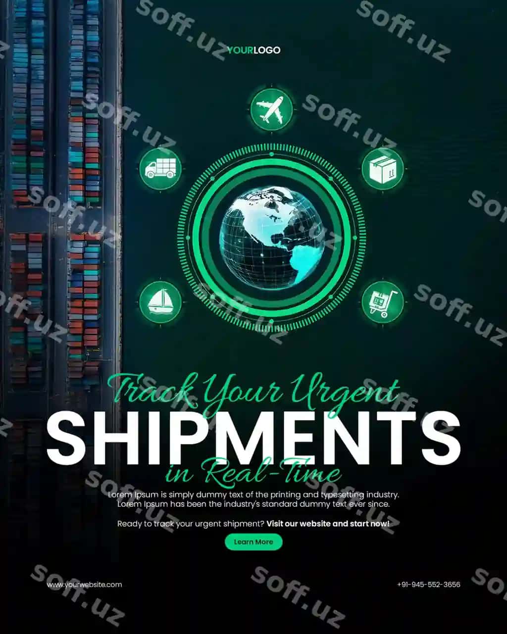 Shoshilish yuk bir kunning yetkazib berish postir shabloni raqamli glob | Urgent freight same day delivery poster template with digital globe