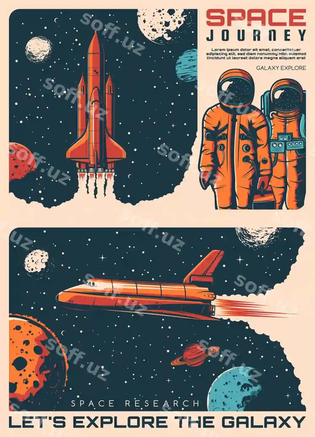 Galaktika o'rganish astronautlar fazoaktar retro afışalar vektor fazo universumi | Galaxy explore astronauts spaceship retro posters vector space universe