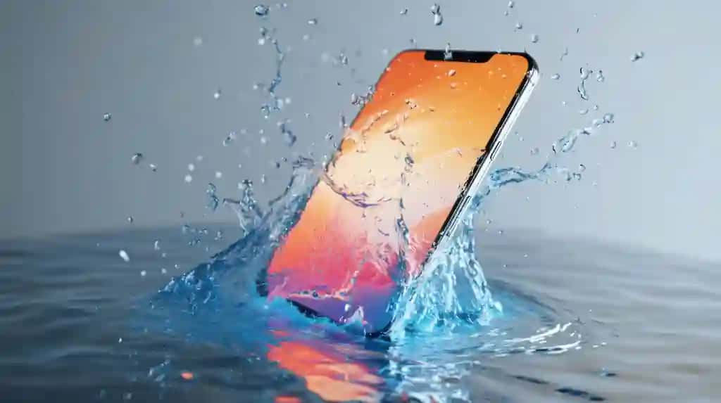Smartfon suvga sachrayapti, bu uning suvga chidamliligini namoyish etadi | Smartphone splashing into water showcasing its waterresistant feature