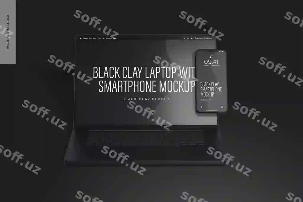 Qora clay laptop pro suzuvchi akilliy telefon mockup bilan | Black clay laptop pro with smartphone mockup floating