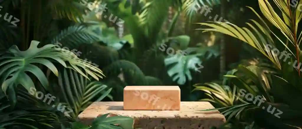 Mahsulotlarni rustik podiumda ziravor tropik o'simliklar bilan o'rab ko'rsatish | Displaying products rustic podium surrounded by luxuriant tropical foliage