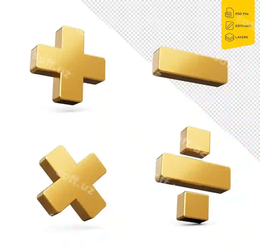 3d oltin parlovchi plus minus ko'paytirish bo'lish belgisi ajraltirilgan oq fonda | 3d golden shiny plus minus multiply divide sign isolated white background