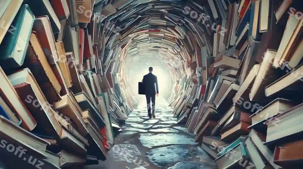 Bisnesmen tushunchali bilimlar safariga tunnel kitoblari orqali borayotgan | Businessperson embarking conceptual knowledge journey through tunnel books