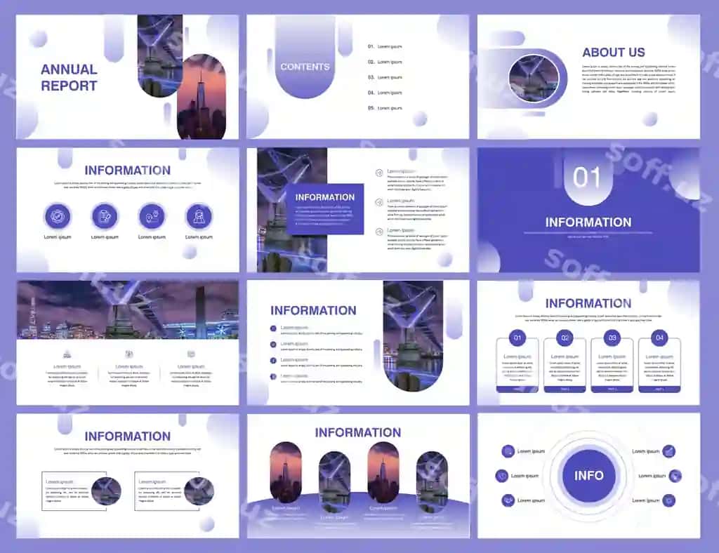 Biznes taqdimot yillik hisobot portfel shablonlari binafol rangi | Business presentation annual report portfolio templates purple