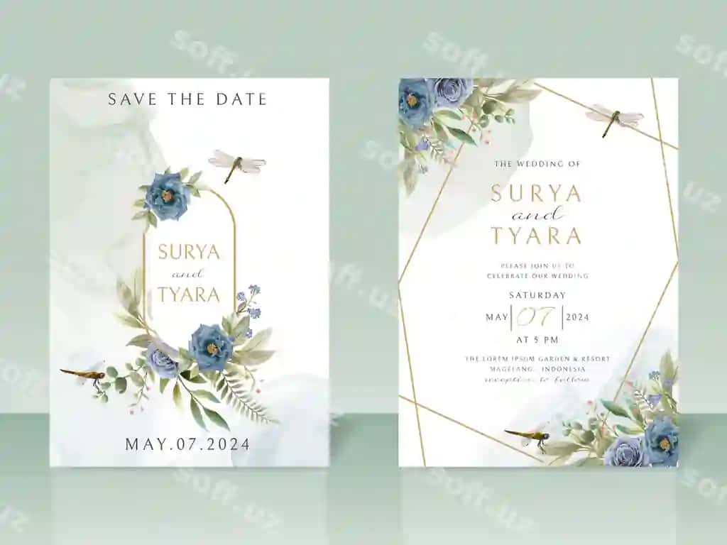 Ko'k gullar va buzmuncha qo'l bilan chizilgan turmali taklifnoma kartochkasi | Blue flowers dragonfly hand drawn wedding invitation card