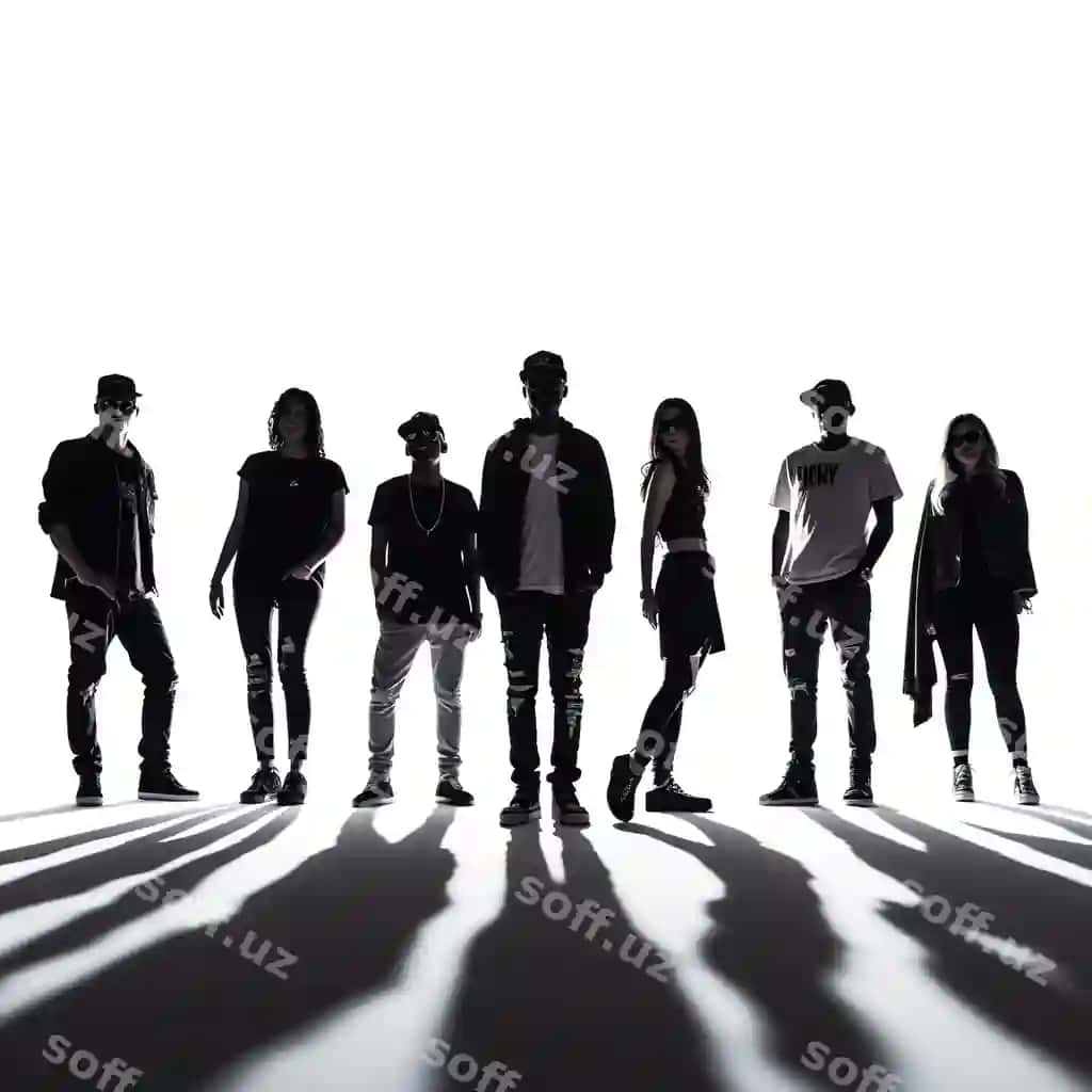Qora siluet qo'yish guruh a'zolari pozalarda turgan | Black silhouette fun group people posing