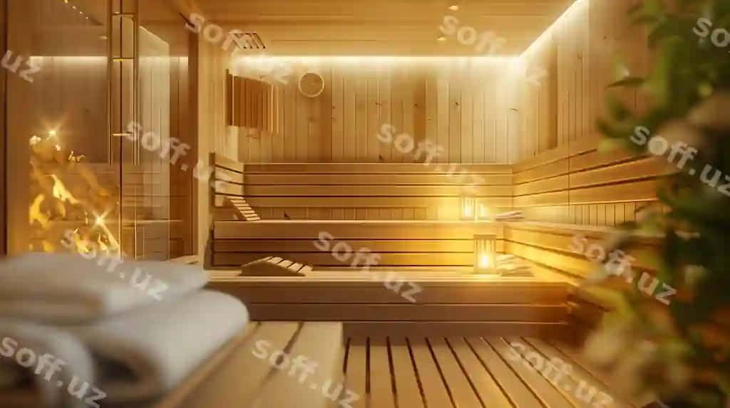 Issiq yog'ochli sauna shisha eshik, havzlar to'plami, iskohtak | Cozy wooden sauna with glass door stack towels bench