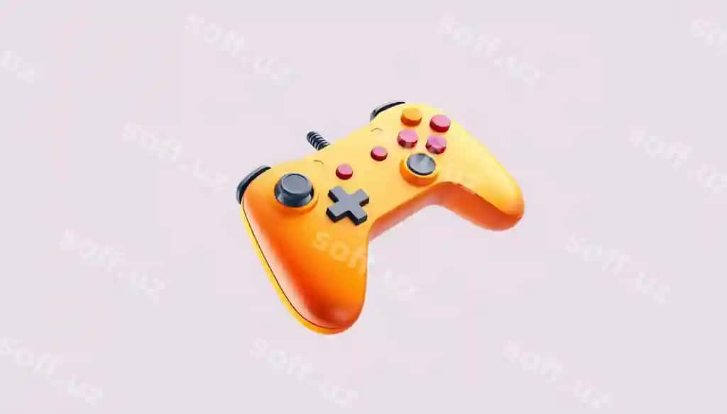Apelsin rangli oyin paneli qora tugmalar bilan oq orqa fonda | Orange gamepad with black buttons white background