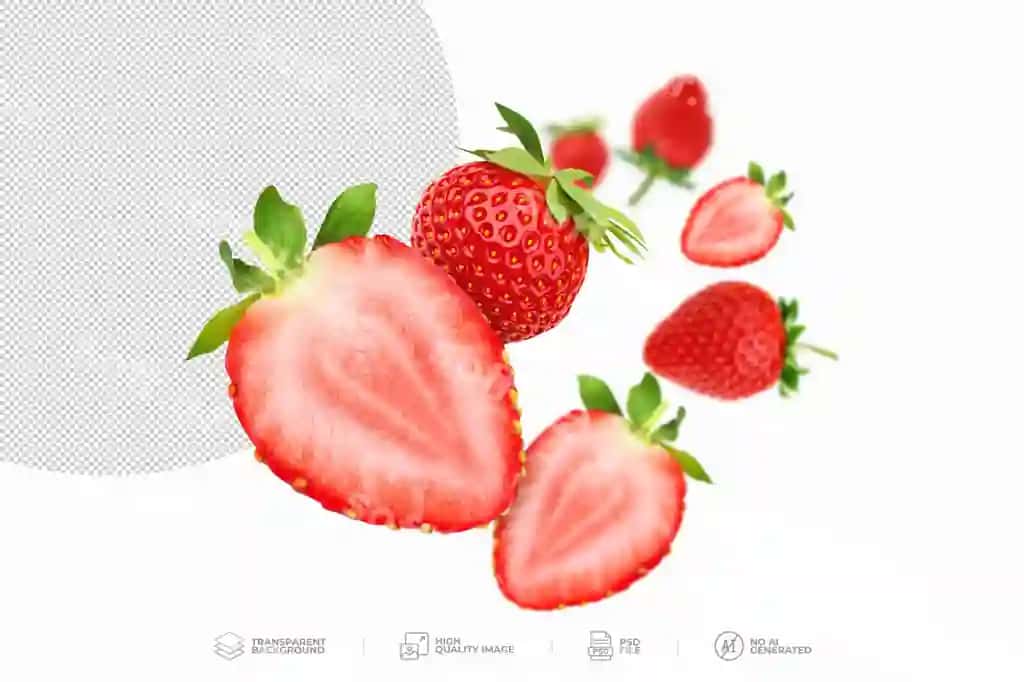 Bodomlar kesilgan bodom uchuvchi havo shaffof orqa fon | Strawberries sliced strawberry flying air transparent background