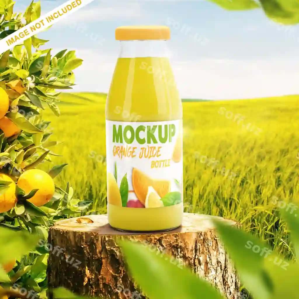 Haqiqiy shisha meva suvi namunasi tabiiy orqa fonda reklama | Realistic bottle juice mockup with natural background ad