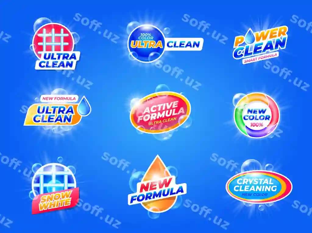 Yuvish tozi etiketkasi, gerbli pufyakli qadoq | Laundry detergent label washing powder emblem package with bubbles