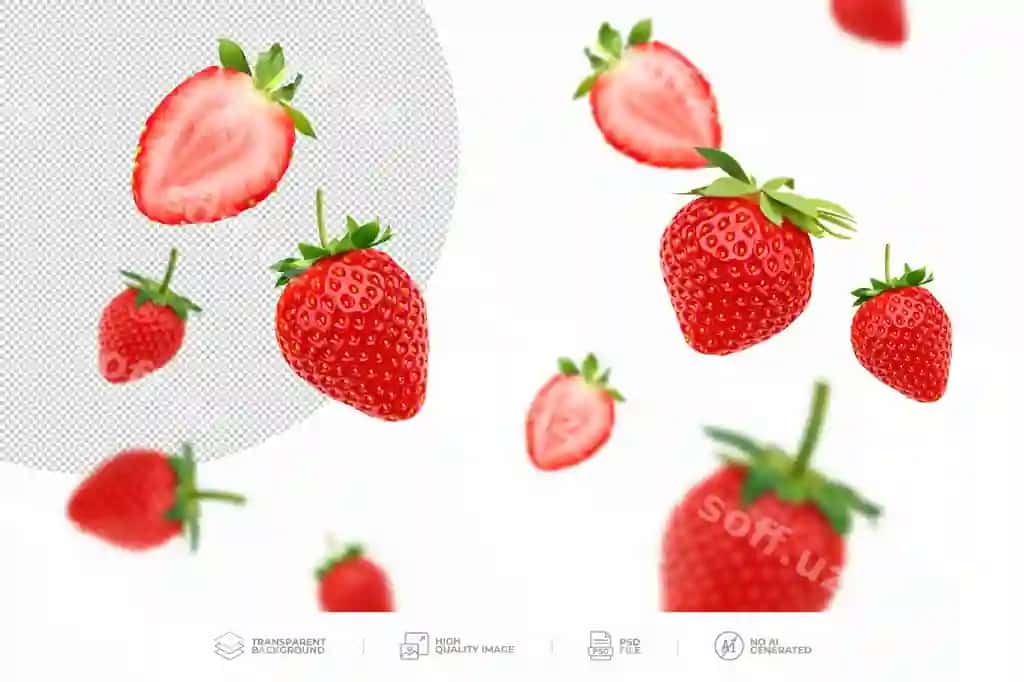 Qurdiy levitatsiya shaffof fon | Strawberry berry levitating transparent background