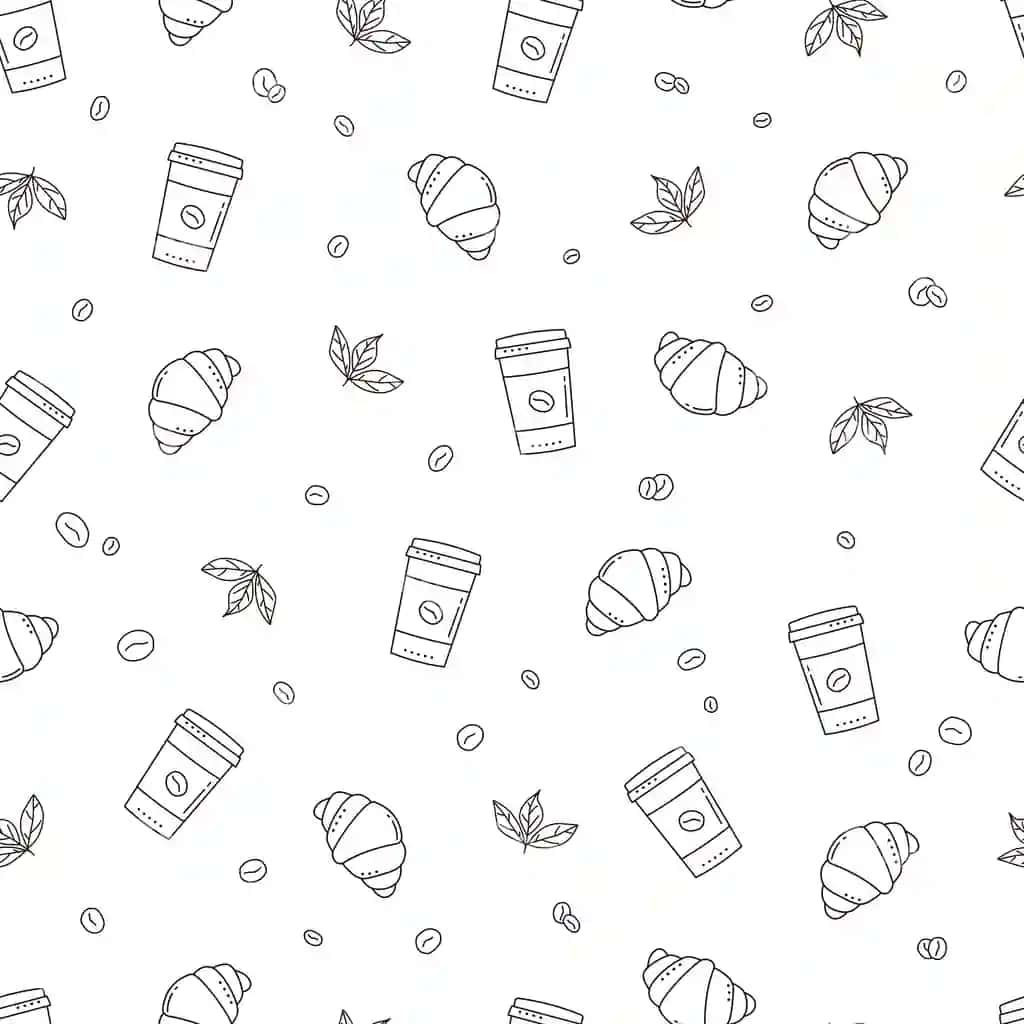 Oq fonda kruvasan kruvasanlari bilan qahva choksiz naqshli Doodle | Doodle coffee seamless pattern with cups croissants white background