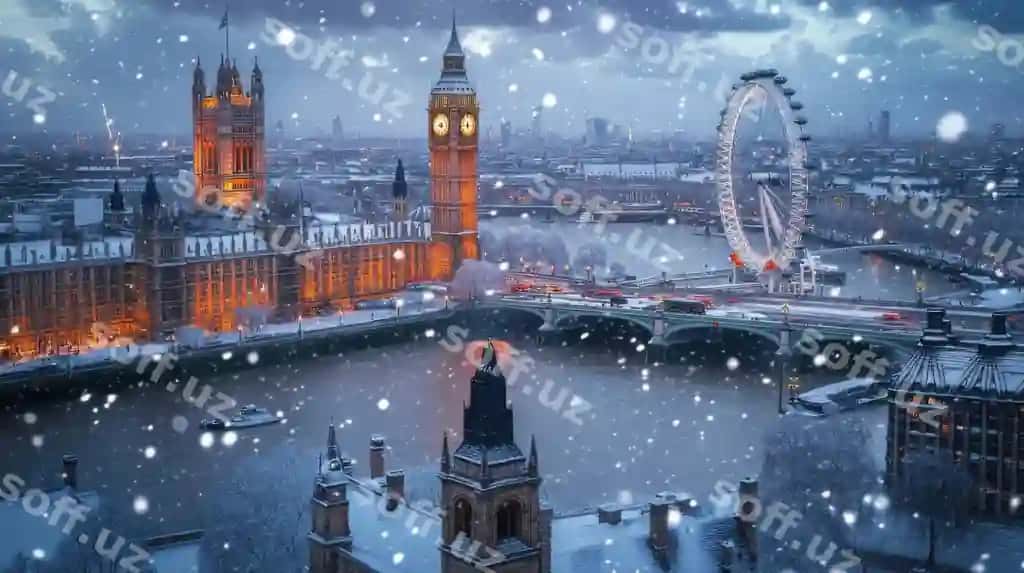 Mashhur London shahar silueti qor bilan qoplanmagan, mashhur binolari bilan. | Iconic london skyline covered blanket snow with famous landmarks