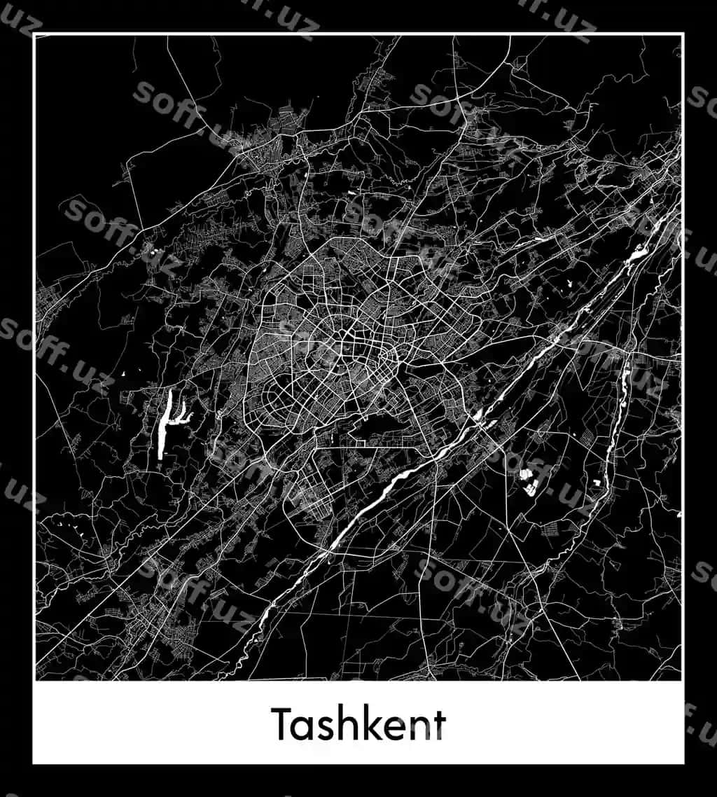 Minimal shahar xaritası Toshkent, O'zbekiston, Osiyoda | Minimal city map tashkent uzbekistan asia