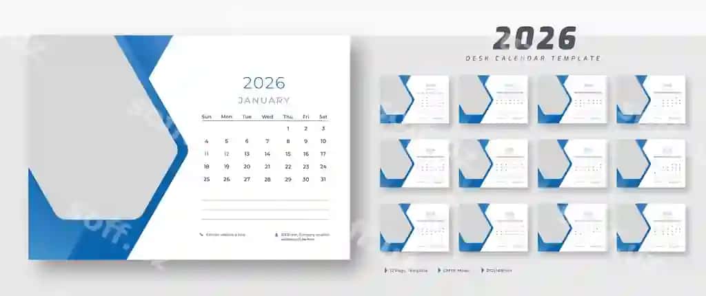 2026 yil ish stolii uchun taqvim shabloni, geometric shaklidagi ko'zalma binafatlar bilan, hafta boshlanadi. | 2026 desk calendar template with geometric blue accents week starts