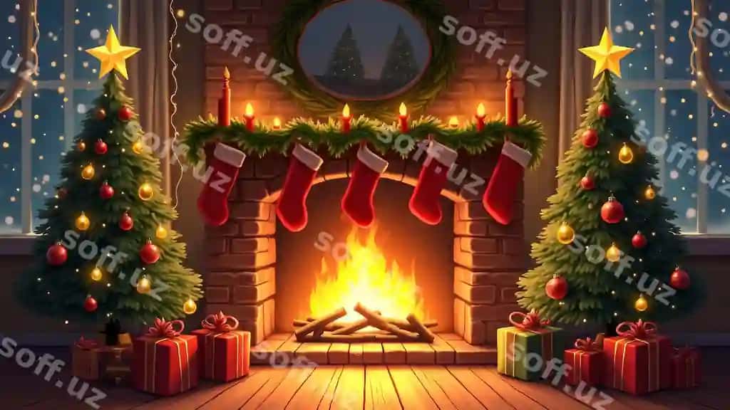 Yul rasmi kamin chortiklari va bezatilgan daraxtlar | Christmas illustration with fireplace stockings decorated trees