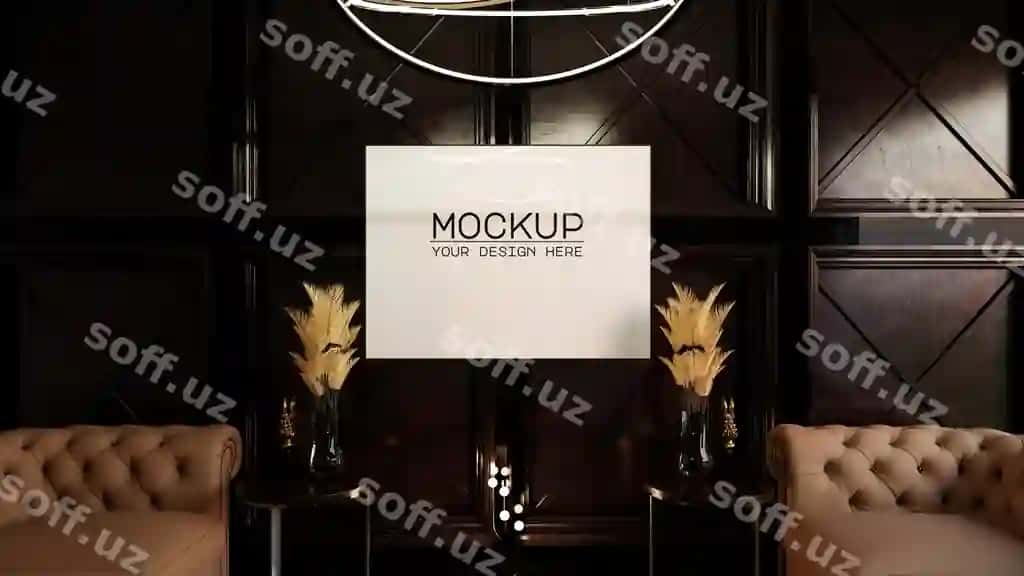 Poster ramka namunasi yumsho'q devor sofalari 3D render | Poster frame mockup with wooden wall sofas 3d rendering