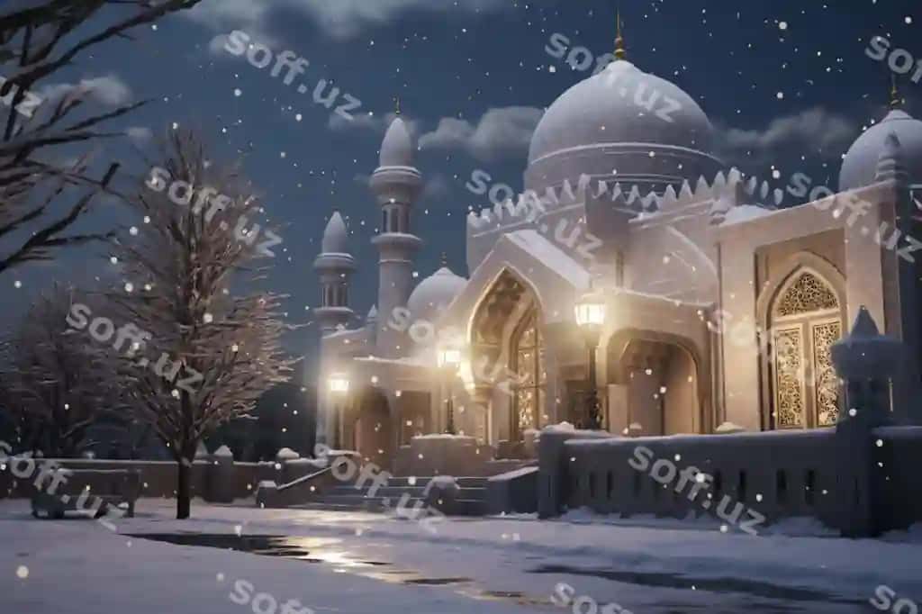 Tashqi masjid qorli qish kuni generative ai | Exterior mosque snowy winter day generative ai