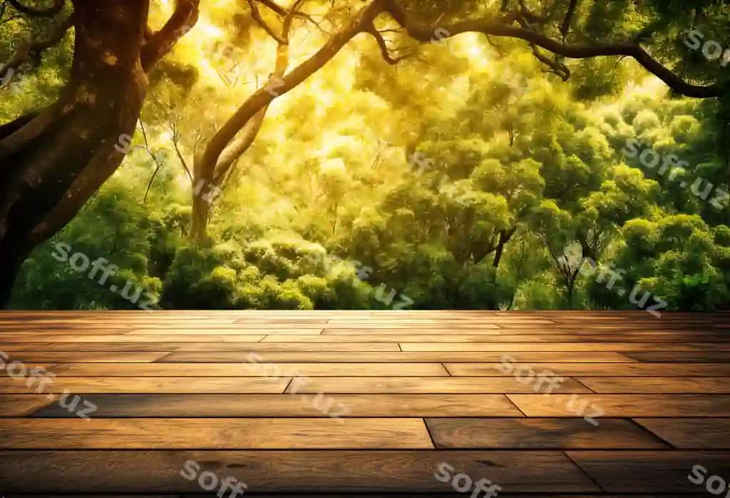 Yashil oʻrmon orqa fonda yongʻoq pol bilan ajraltirilgan oq rangda | Green forest background with wooden floor isolated white