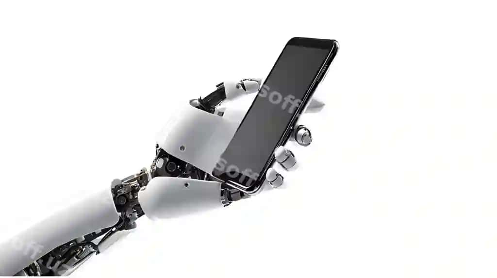 Kelajakchi robot bo'sh ekranli akilli telefonni tutgan | Futuristic robot holding smartphone with blank screen