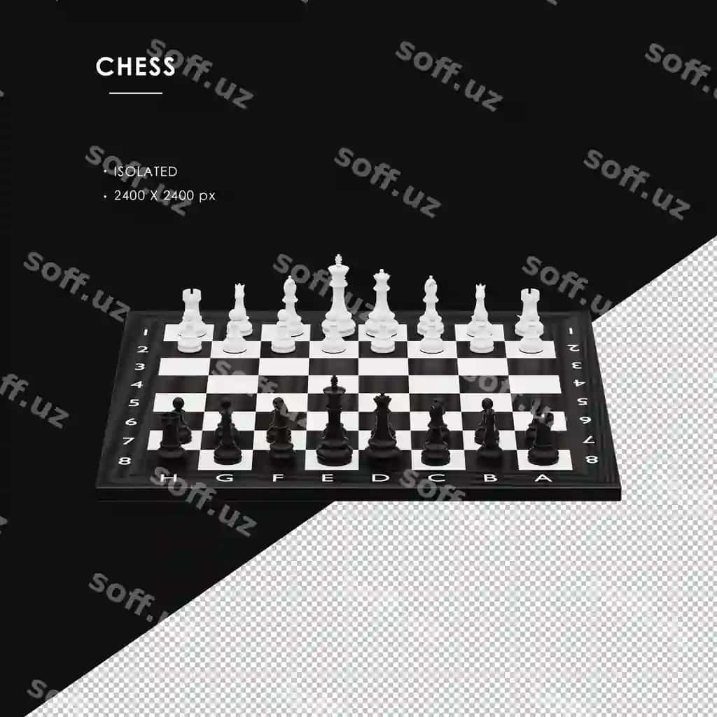 Ajraltirilgan qora-oq shaxmatlar yuqori old burchakdan | Isolated black white chess set from top front angle