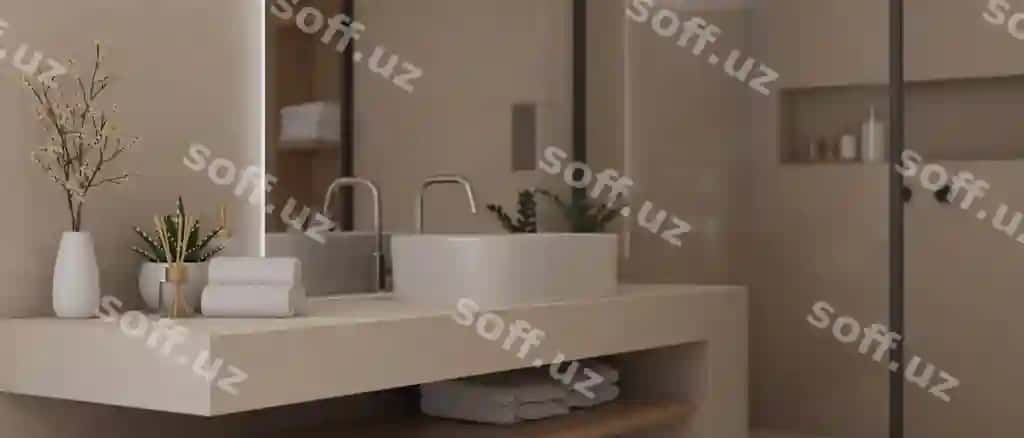 Tomon ko'rinish hasharot chiroyli hammom mezonining yuqori qismi keramik havzali shaxsiy g'olizlar katta aks | Side view luxury beautiful bathroom vanity top with ceramic sink toiletries large mirror