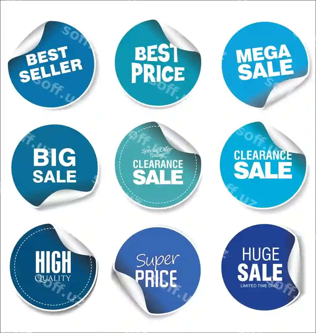 Ko'k sotuv stikerlari vektor illustratsiya to'plami | Blue sale stickers vector illustration collection