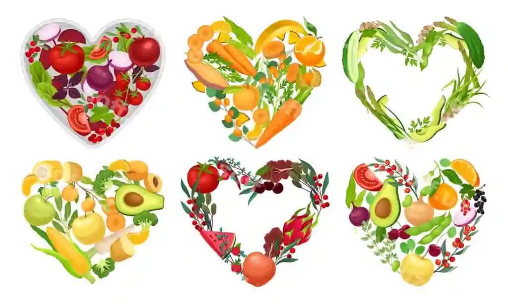 Qalblar suyak yorqin sabzi mevalar vektor komplekti | Hearts juicy bright vegetables fruits vector set