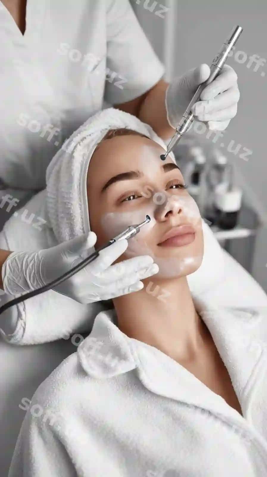 Kosmetolog mikrodermabraziya jarayonini o'tkazadi, bu yuz sohratlarini chiroyli va yosh qiladi. | Cosmetologist makes procedure microdermabrasion skin face beautiful youn