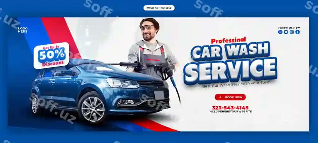 Avtomobil yuvish va detalizatsiya xizmati Facebook cover post banner shablon | Car wash detailing service facebook cover post banner template