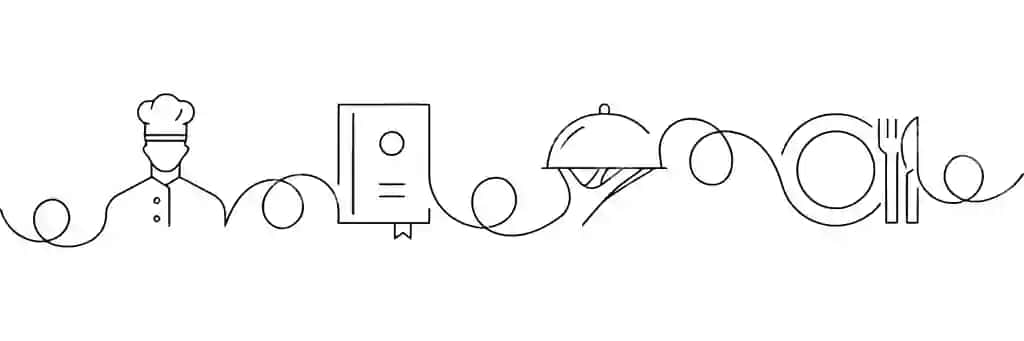 Oshxona sayohati chiziq san'ati oshpaz retsept kitobi ovqatlanish elementlari | Culinary journey line art chef recipe book dining elements