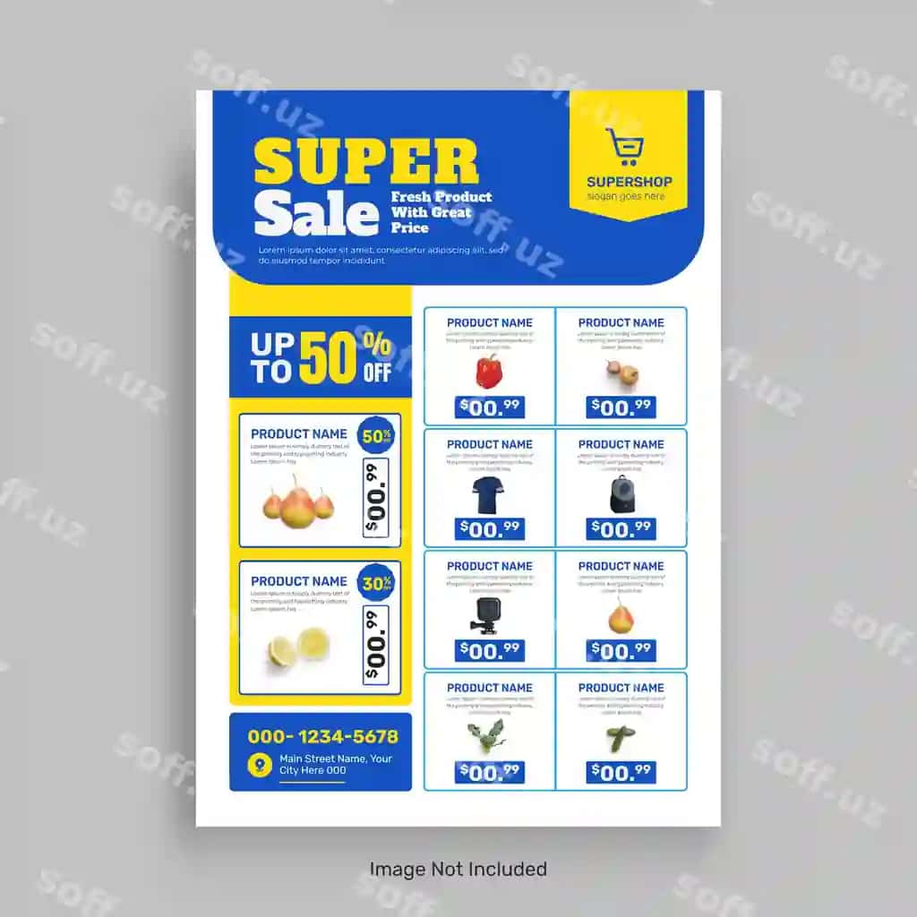 Supermarket mahsulot sotish katalogi oziq-ovqat sotish flyeri shablon banner | Supermarket product sale catalog grocery sale flyer template banner